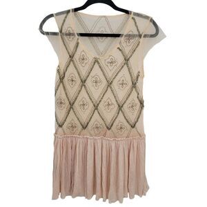 Free People Top M Pink Tunic Cap Sleeve Beaded Mesh Netting Peplum Skirt Hem